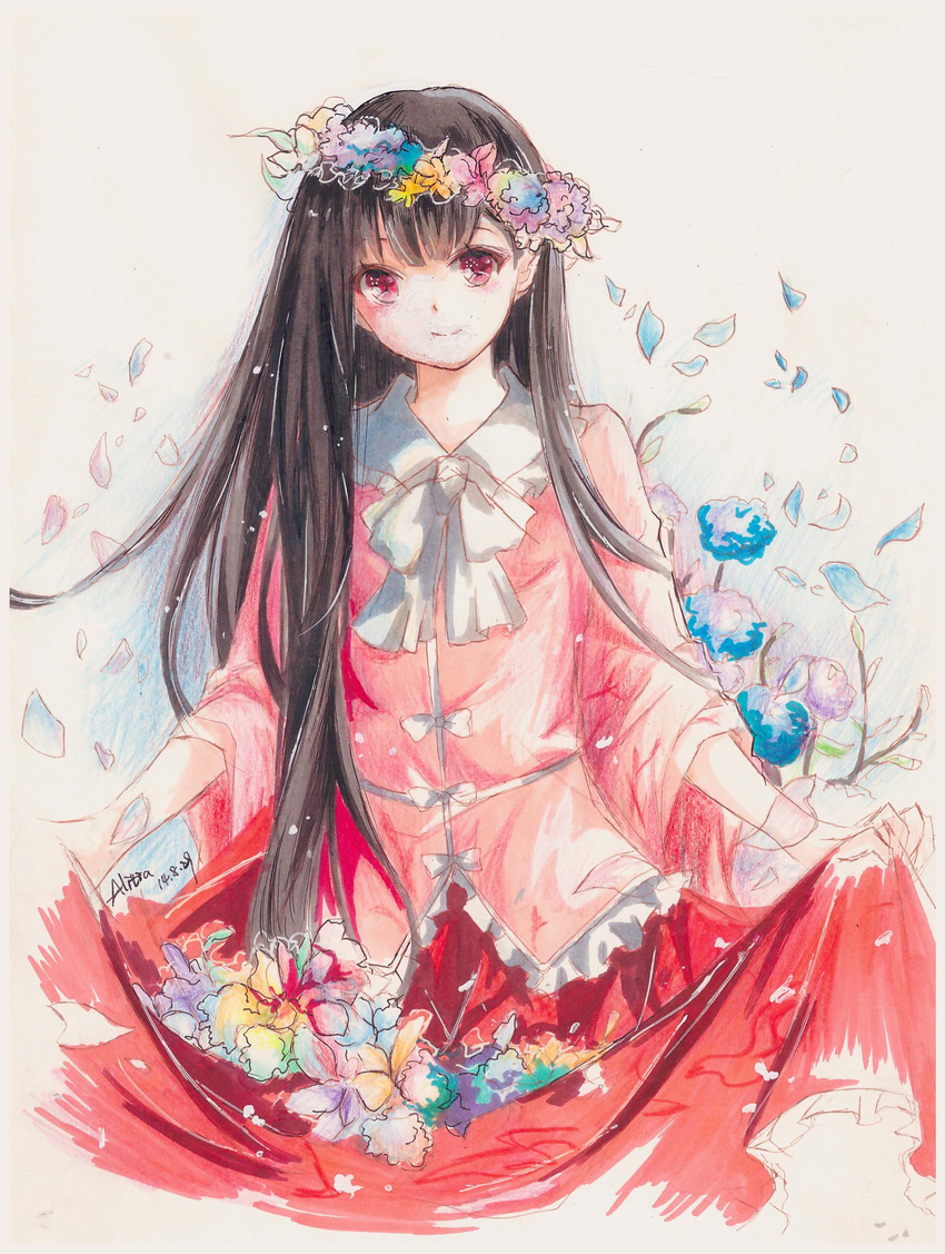 absurdres alitia black_hair dated flower flower_wreath frilled_shirt frilled_skirt frills head_wreath highres houraisan_kaguya long_hair petals red_eyes shirt skirt skirt_basket smile touhou traditional_media very_long_hair wide_sleeves wreath