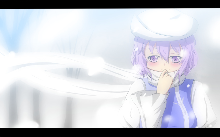 bad_id bad_pixiv_id hana_(0458251551) hat lavender_eyes lavender_hair letty_whiterock long_sleeves scarf short_hair smile snowing touhou