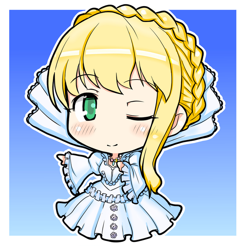 aldnoah.zero asseylum_vers_allusia blonde_hair blue_background braid chibi dress eruru_(erl) green_eyes highres jewelry long_hair necklace one_eye_closed white_dress