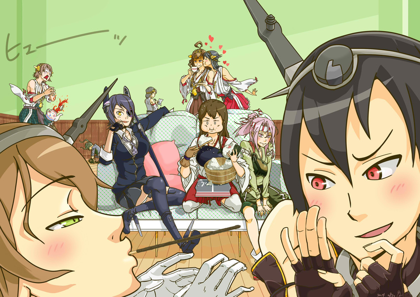 absurdres akagi_(kantai_collection) bare_shoulders black_hair blush brown_hair cheek_bulge cheek_kiss commentary_request couch cup detached_sleeves eating fingerless_gloves food garanbi_nasubi glasses gloves hachimaki hair_ribbon hairband haruna_(kantai_collection) headband heart hiei_(kantai_collection) highres indoors japanese_clothes kantai_collection kirishima_(kantai_collection) kiss kongou_(kantai_collection) long_hair mouth_hold multiple_girls muneate mutsu_(kantai_collection) nagato_(kantai_collection) nontraditional_miko open_mouth pocky ponytail ribbon rice short_hair sitting skirt smile teacup tenryuu_(kantai_collection) thighhighs unmoving_pattern wainscoting white_gloves zuihou_(kantai_collection) zuikaku_(kantai_collection)