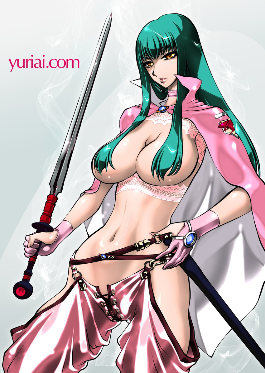 1girl breasts green_hair large_breasts long_hair solo sword weapon yuri_ai
