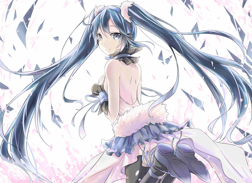7th_dragon_(series) 7th_dragon_2020 absurdres blue_eyes blue_hair hatsune_miku highres jeffrey10 long_hair looking_back pantyhose skirt solo twintails very_long_hair vocaloid
