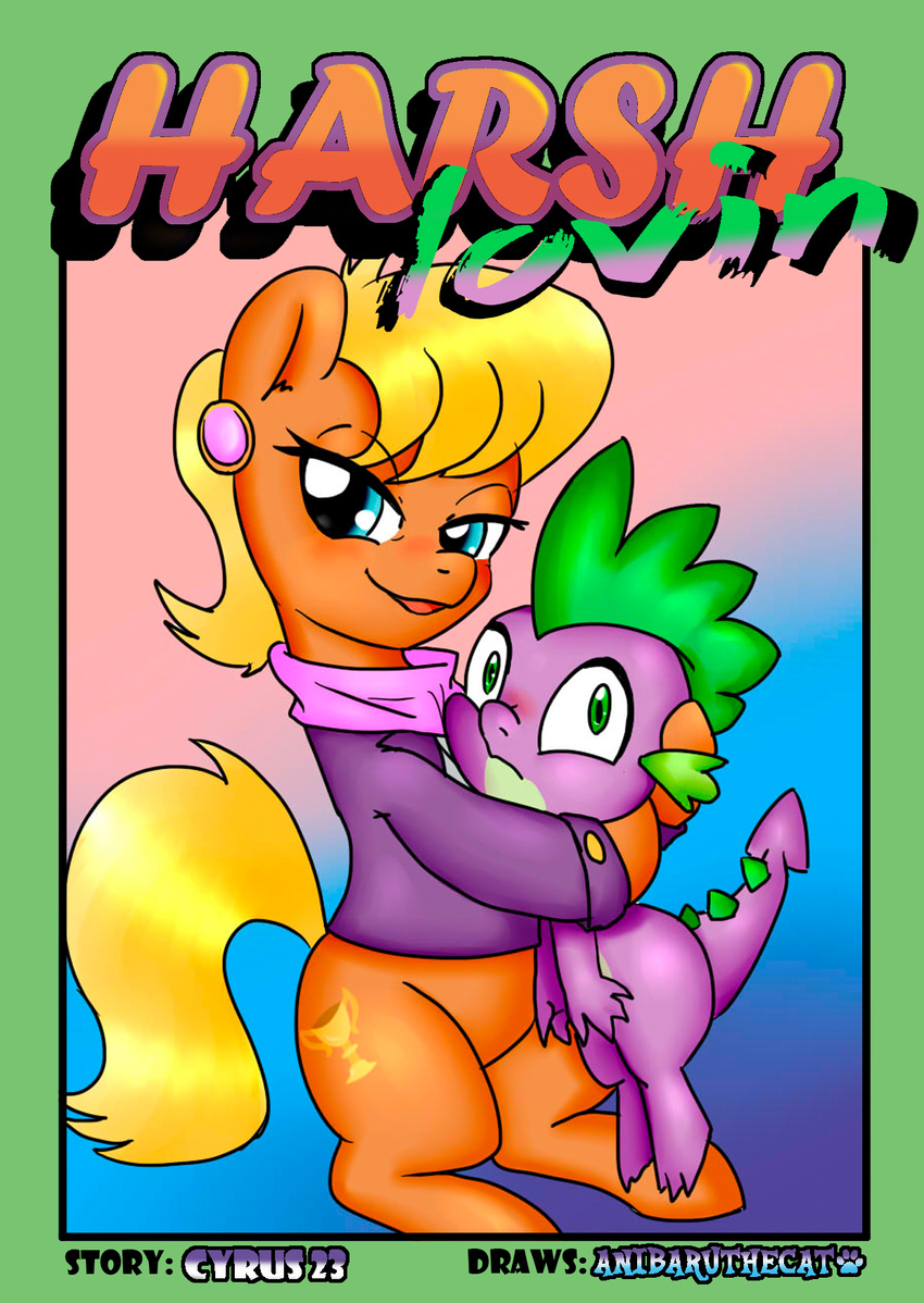 2014 anibaruthecat blonde_hair blue_eyes clothing cutie_mark dragon duo earth_pony english_text equine female friendship_is_magic hair horse hug looking_at_viewer male mammal ms_harshwhinny_(mlp) my_little_pony pony spike_(mlp) text