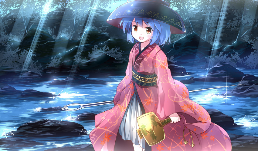 :d blue_hair bowl bowl_hat brown_eyes hat highres holding japanese_clothes kimono looking_at_viewer miracle_mallet open_mouth risutaru short_hair smile solo sukuna_shinmyoumaru touhou