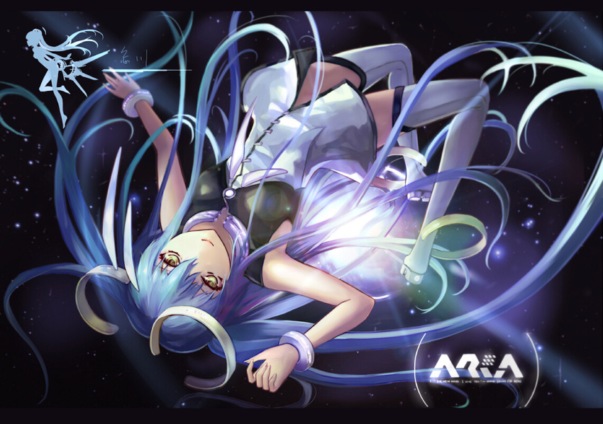 aria_(vocaloid) backlighting blue_hair boots bracer closed_mouth diffraction_spikes dress floating full_body hair_between_eyes hand_up headgear letterboxed light_particles long_hair looking_at_viewer microdress original purple_hair silhouette sleeveless smile solo song_name thigh_boots thighhighs very_long_hair vocaloid wangchuan_de_quanyan white_dress white_footwear white_legwear yellow_eyes