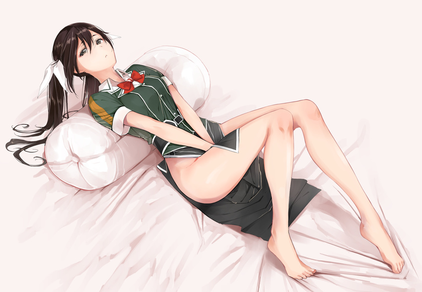 bangs bare_legs barefoot bed_sheet belt between_legs black_eyes black_hair body_pillow bow bowtie buttons dutch_angle feet from_above hair_ribbon hand_between_legs highres indoors kantai_collection legs long_hair long_skirt looking_at_viewer lying md5_mismatch no_panties on_back parted_lips pelvic_curtain pencil_skirt pillow remodel_(kantai_collection) ribbon shirt short_sleeves side_slit skirt solo toe_scrunch tone_(kantai_collection) tsukino_wagamo twintails v_arms wing_collar