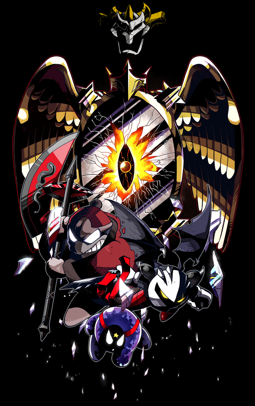 3boys axe broken_glass dark_meta_knight eye eyes glass glowing glowing_eyes grin hat kirby_(series) kirby_triple_deluxe male male_focus mask mirror multiple_boys nintendo rariatto_(ganguri) red_eyes shadow_dedede shadow_kirby smile spoilers sword teeth weapon white_eyes wings yellow_eyes