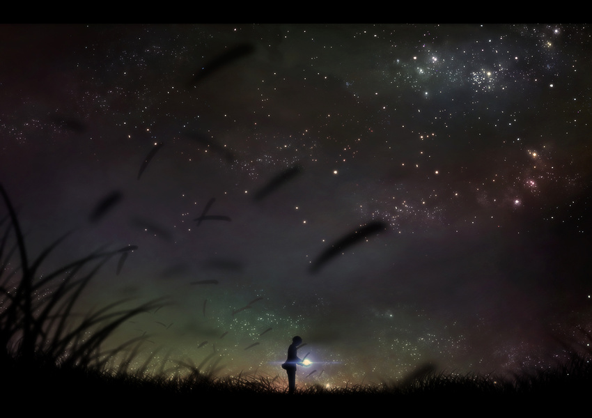 dark glowing grass night night_sky original scenery short_hair silhouette skirt sky solo star_(sky) starry_sky tigaa_(ixaga) wind