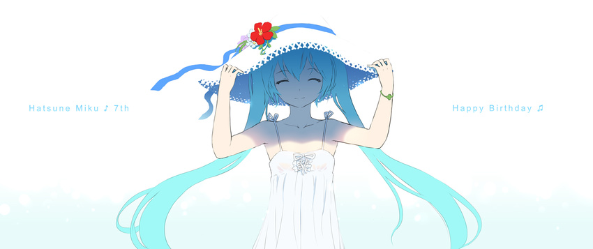 aqua_hair bracelet cait character_name closed_eyes dress happy_birthday hat hatsune_miku highres jewelry long_hair smile solo sun_hat twintails very_long_hair vocaloid