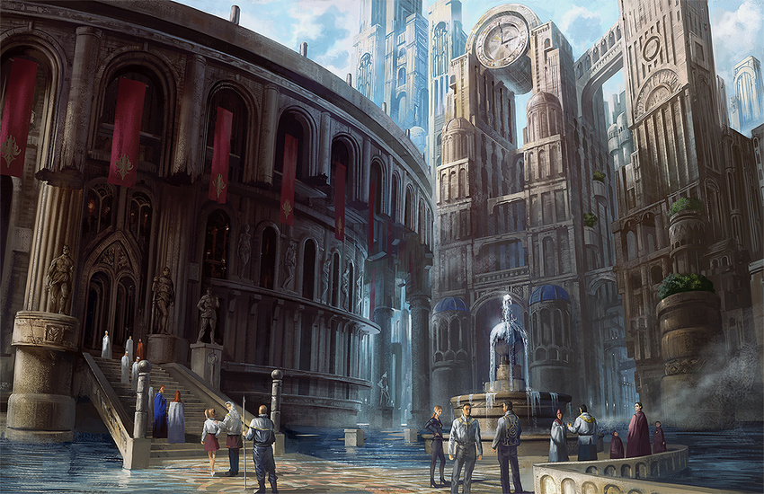 building city cityscape clock clock_tower cloud fantasy fountain multiple_boys multiple_girls noba original plant polearm scenery sky skyscraper staff stairs standing statue tapestry tower water weapon