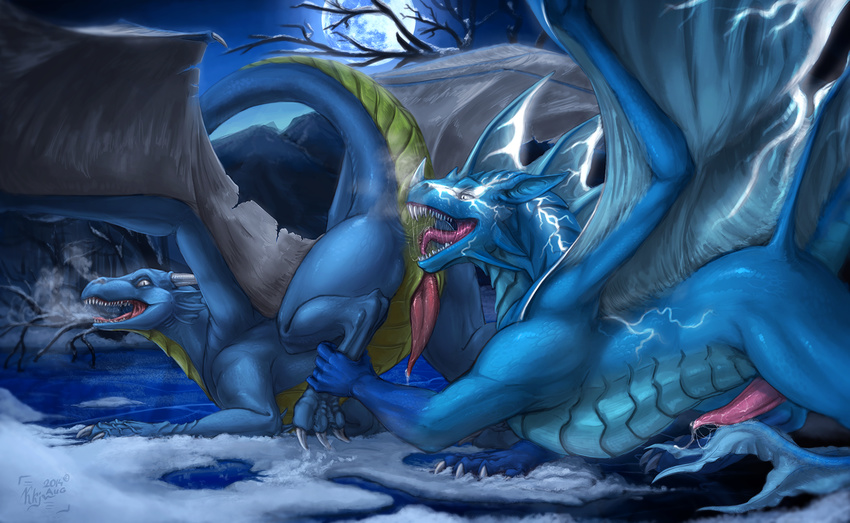 2014 anal anus blue_dragon claws dragon erection gay grabbing horn karukuji licking male moon night open_mouth oral penis precum raised_tail rimming saliva snow teeth thunder tongue tongue_out white_eyes wings winter