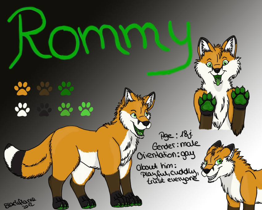 blackfurryflame canine fox fur green_claws green_eyes green_pawpads grin looking_at_viewer male mammal model_sheet open_mouth orange_fur pose rommy_winterlight tongue tongue_out