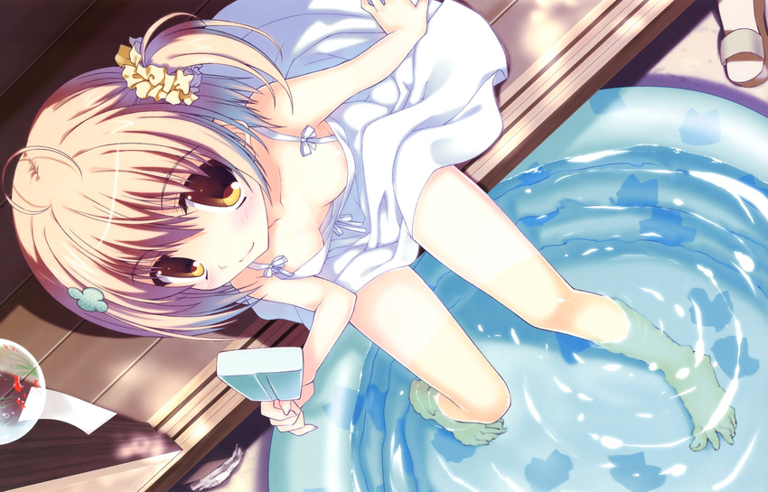 ahoge bare_legs barefoot blush breasts brown_eyes downblouse dress food from_above hair_ornament haruno_hina holding imageboard_sample legs light_brown_hair light_smile looking_at_viewer looking_up nanao_naru one_side_up popsicle short_hair sitting small_breasts smile soaking_feet solo sundress veranda wading_pool water white_dress wind_chime