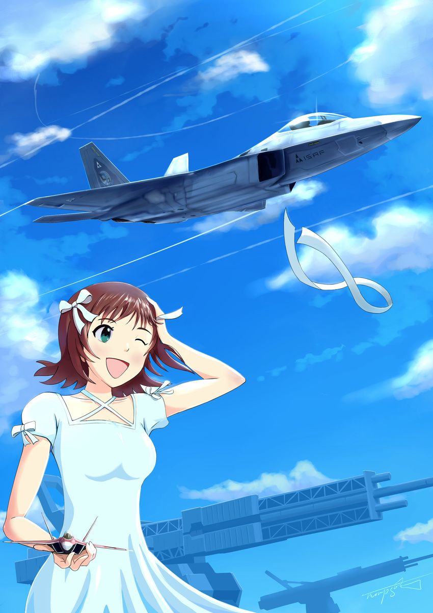 absurdres ace_combat ace_combat_04 aircraft airplane amami_haruka bandai_namco blue_sky bow breasts brown_hair cloud collarbone commentary company_connection condensation_trail crossover day dress emblem f-22_raptor fighter_jet green_eyes hair_bow hair_ribbon highres idolmaster idolmaster_(classic) isaf jet military military_vehicle mobius_1 mobius_strip model namco one_eye_closed pilot ribbon short_hair signature sky small_breasts smile solo_focus stonehenge_(ace_combat) thompson white_dress