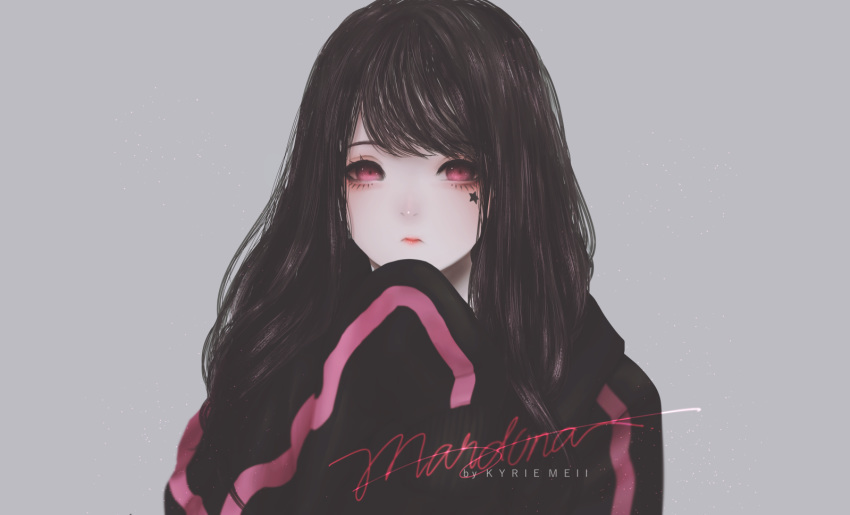 aliasing black_hair gray kyrie_meii long_hair original pink_eyes tattoo watermark