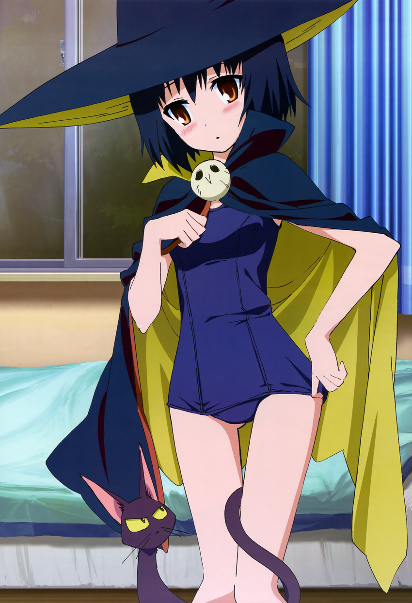 absurdres adjusting_clothes adjusting_swimsuit black_hair blush boots brown_eyes cape cat chiro_(maji_moji_rurumo) curtains hat highres legs maji_moji_rurumo non-web_source nyantype official_art one-piece_swimsuit rurumo school_swimsuit short_hair solo swimsuit thigh_boots thighhighs window witch_hat