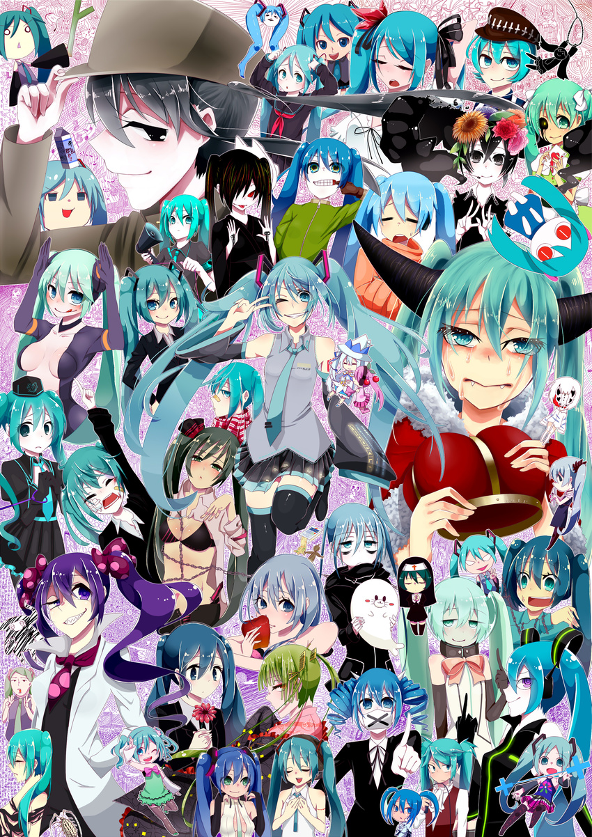 6+girls :q absurdres aimaina arms_up bandages bandaid bikini_top chain chibi closed_eyes common_world_domination_(vocaloid) crown detached_sleeves dream_meltic_halloween_(vocaloid) grin hachune_miku hannyashingyou_pop_(vocaloid) hat hatsune_miku hatsune_miku_(append) highres himitsu_keisatsu_(vocaloid) hitobashira_alice_(vocaloid) ievan_polkka_(vocaloid) kagerou_days_(vocaloid) karakuri_pierrot_(vocaloid) koi_wa_sensou_(vocaloid) kusari_no_shoujo_(vocaloid) long_hair matryoshka_(vocaloid) mikudayoo mukashi_mukashi_no_kyou_no_boku_(vocaloid) multiple_girls musunde_hiraite_rasetsu_to_mukuro_(vocaloid) nato-kun necktie one_eye_closed open_mouth ren'ai_philosophia_(vocaloid) rolling_girl_(vocaloid) romeo_to_cinderella_(vocaloid) saihate_(vocaloid) sakura_miku school_uniform serafuku shiteyan'yo shuudou_shoujo_to_guuzou_shoujo_(vocaloid) skirt smile songover spring_onion tears the_beast_(vocaloid) thighhighs tongue tongue_out twintails v very_long_hair vocaloid vocaloid_append world_is_mine_(vocaloid) yuki_miku