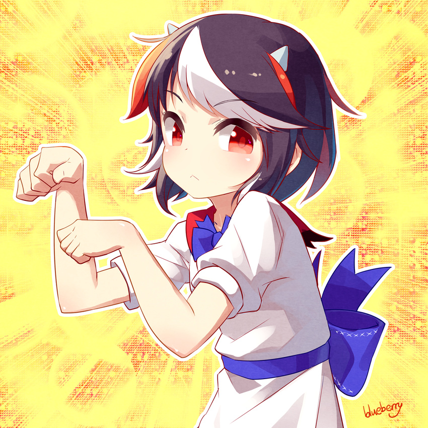 artist_name black_hair blueberry_(5959) bow dress horns kijin_seija looking_at_viewer multicolored_hair paw_pose red_eyes red_hair short_hair short_sleeves solo streaked_hair touhou white_hair yellow_background