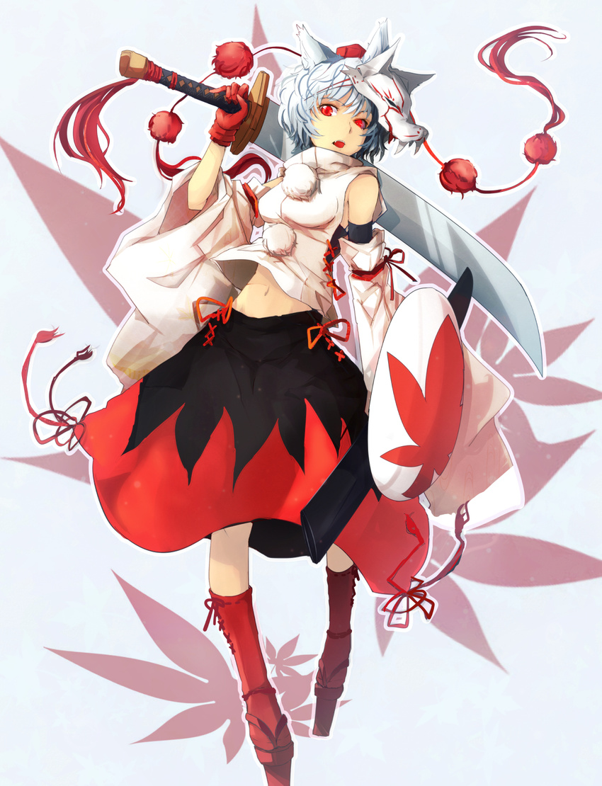 animal_ears bad_id bad_pixiv_id bare_shoulders cibo_(killy) detached_sleeves face_mask fang geta gloves hat hat_ribbon highres inubashiri_momiji long_sleeves mask midriff navel open_mouth over_shoulder red_eyes red_gloves ribbon shield shirt silver_hair skirt solo sword sword_over_shoulder tokin_hat touhou weapon weapon_over_shoulder wide_sleeves wolf_ears wolf_mask