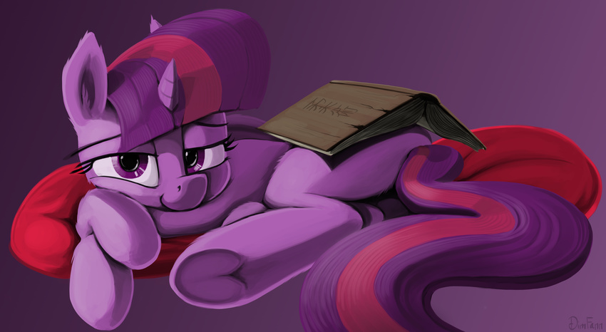 2014 bedroom_eyes book dimfann equine female friendship_is_magic hair horn looking_at_viewer lying mammal multi-colored_hair my_little_pony on_side pillow purple_eyes purple_hair solo twilight_sparkle_(mlp) unicorn