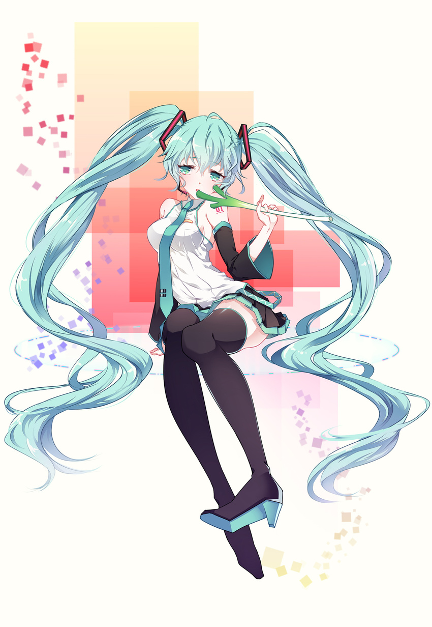 aqua_hair ayumi_(xiwu) bad_id bad_pixiv_id boots detached_sleeves green_eyes hatsune_miku headset high_heels highres long_hair necktie sitting skirt solo spring_onion thigh_boots thighhighs twintails very_long_hair vocaloid