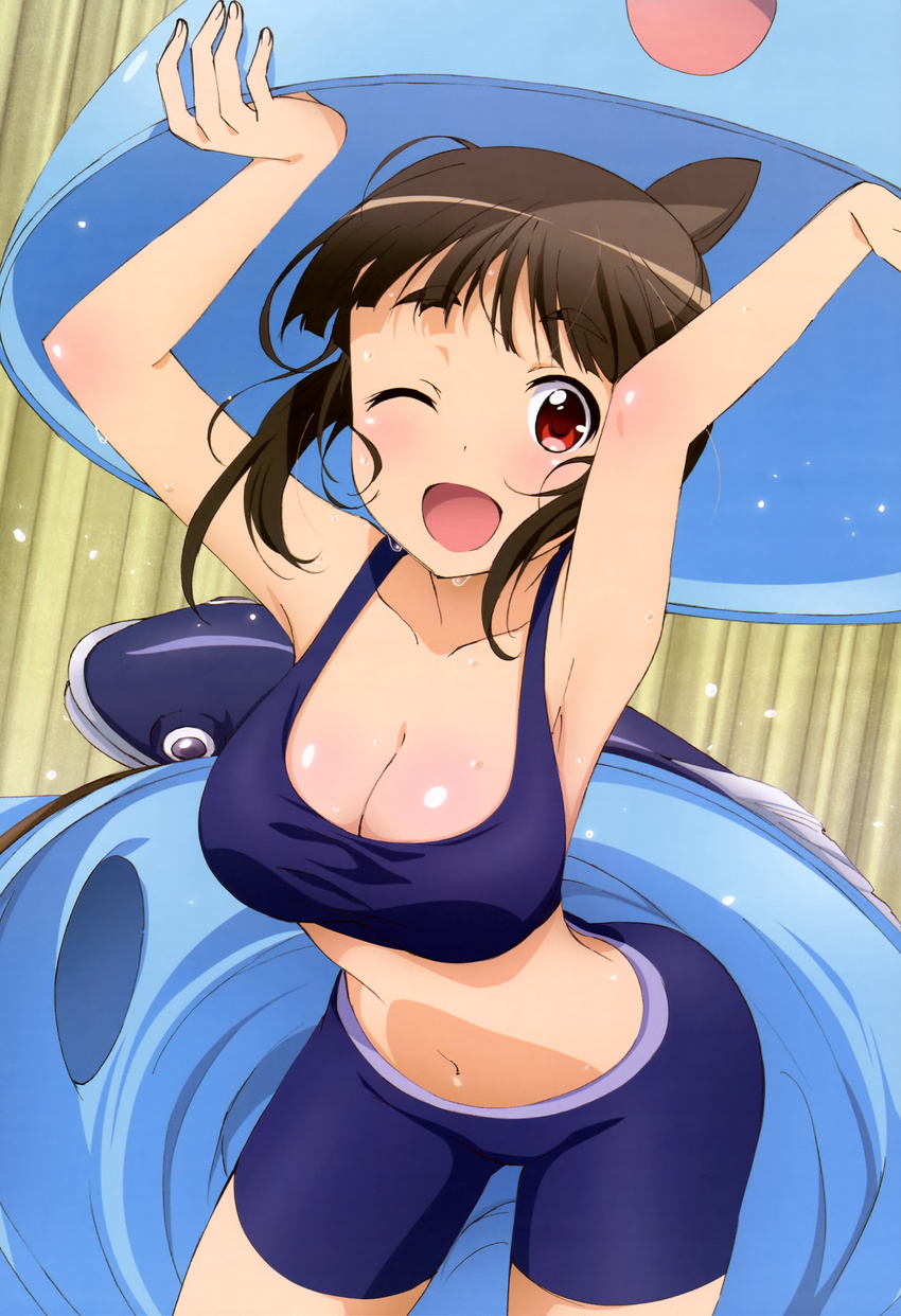 ;d absurdres armpits bike_shorts breasts brown_hair cleavage costume cowboy_shot futsuu_no_joshikousei_ga_locodol_yattemita highres large_breasts mikoze_yui navel non-web_source nyantype official_art one_eye_closed open_mouth red_eyes short_hair smile solo sports_bra sweat thighs wide_hips