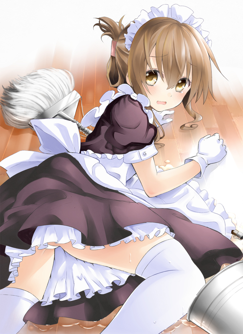 alternate_costume apron bad_id bad_pixiv_id blush brown_hair bucket enmaided folded_ponytail gloves hair_ornament hairclip highres inazuma_(kantai_collection) kantai_collection looking_at_viewer maid maid_headdress mop natsupa open_mouth panties pantyshot short_hair solo spill tears thighhighs underwear water white_gloves white_legwear white_panties