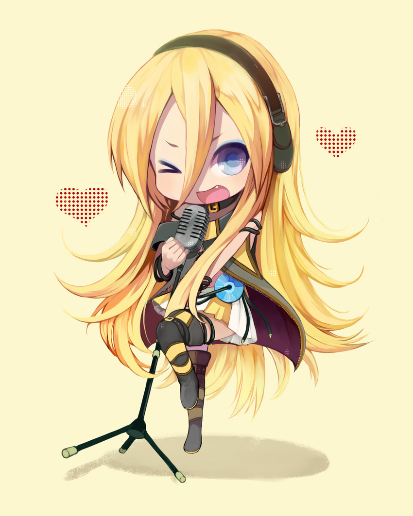 blonde_hair blue_eyes boots chibi collar fang headphones highres lily_(vocaloid) long_hair microphone microphone_stand oharu one_eye_closed skirt smile solo thigh_boots thighhighs vocaloid