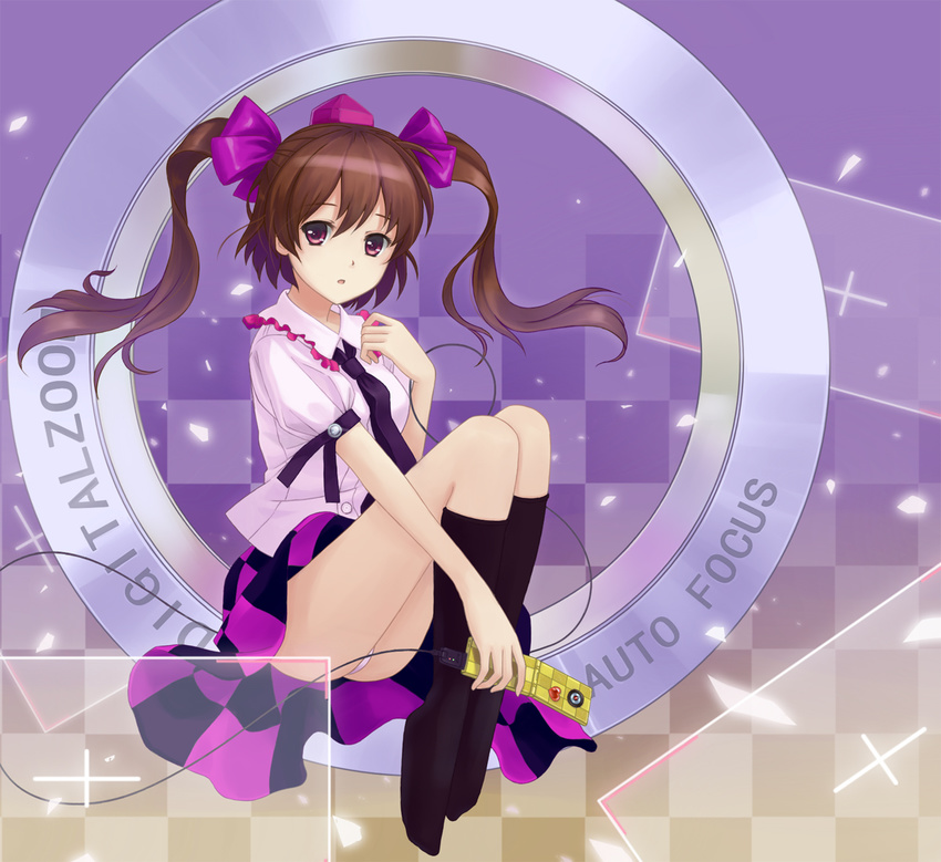 bad_id bad_pixiv_id brown_hair cellphone hat himekaidou_hatate legs necktie no_shoes panties phone short_hair solo tokin_hat touhou tucana twintails underwear