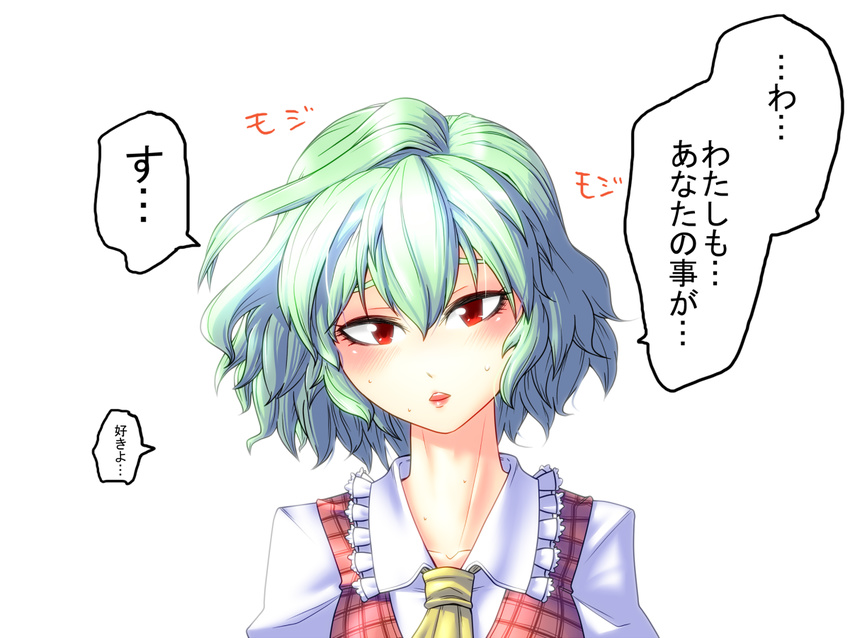 ascot bad_id bad_pixiv_id blush confession embarrassed green_hair kamina_koharu kazami_yuuka lipstick makeup nervous plaid plaid_vest portrait red_eyes short_hair solo sweat touhou translated vest white_background