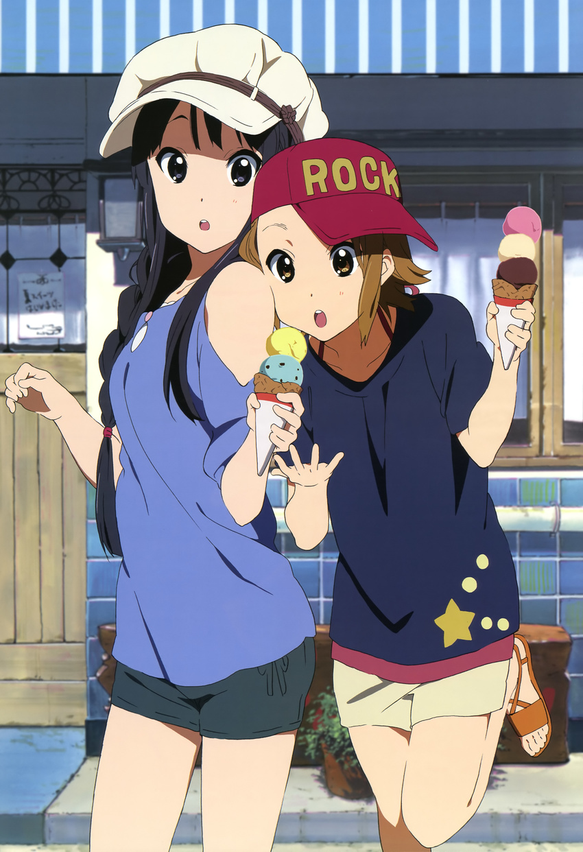 :o absurdres akiyama_mio black_eyes black_hair braid brown_eyes brown_hair casual feet food hat highres horiguchi_yukiko ice_cream ice_cream_cone k-on! leg_lift long_hair multiple_girls non-web_source nyantype official_art open_mouth round_teeth sandals short_hair shorts tainaka_ritsu teeth toes