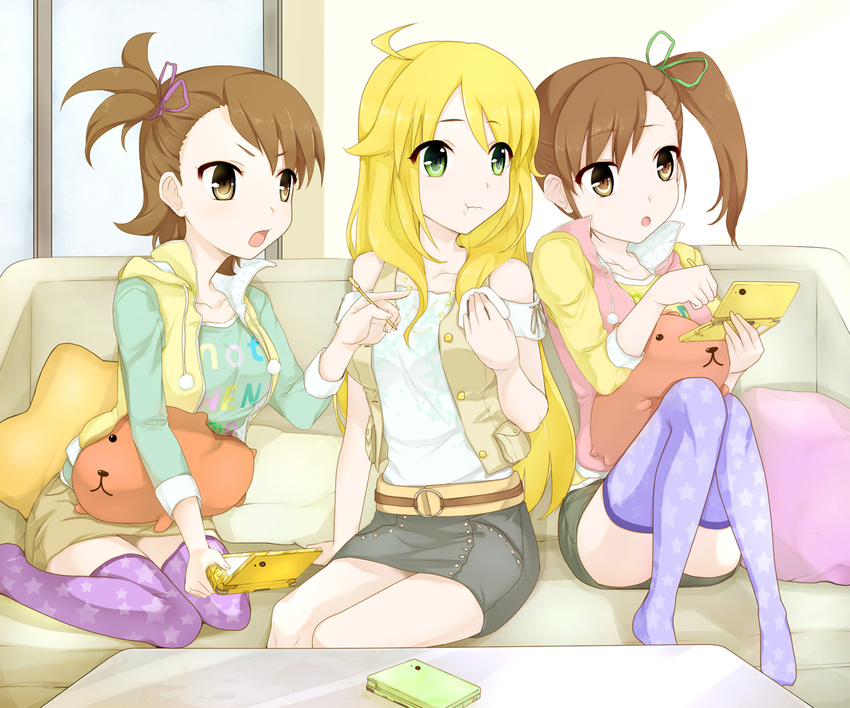 :t bad_id bad_pixiv_id blonde_hair blue_legwear brown_eyes brown_hair capybara-san casual couch eating flipped_hair food futami_ami futami_mami green_eyes handheld_game_console hoshii_miki idolmaster idolmaster_(classic) idolmaster_2 long_hair minatsuki_randoseru multiple_girls nintendo_dsi onigiri playing_games print_legwear purple_legwear short_hair siblings side_ponytail sisters skirt star star_print stuffed_animal stuffed_toy stylus thighhighs twins