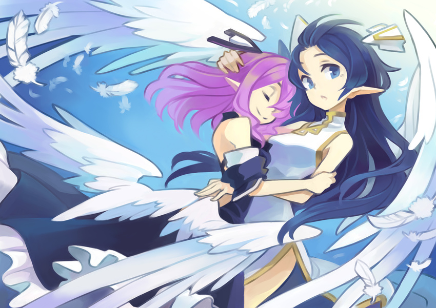 angel_wings bare_shoulders blue_eyes blue_hair china_dress chinese_clothes closed_eyes dress face feathers flying highres hug long_hair minoa_(lastswallow) multiple_girls original pink_hair pointy_ears wings