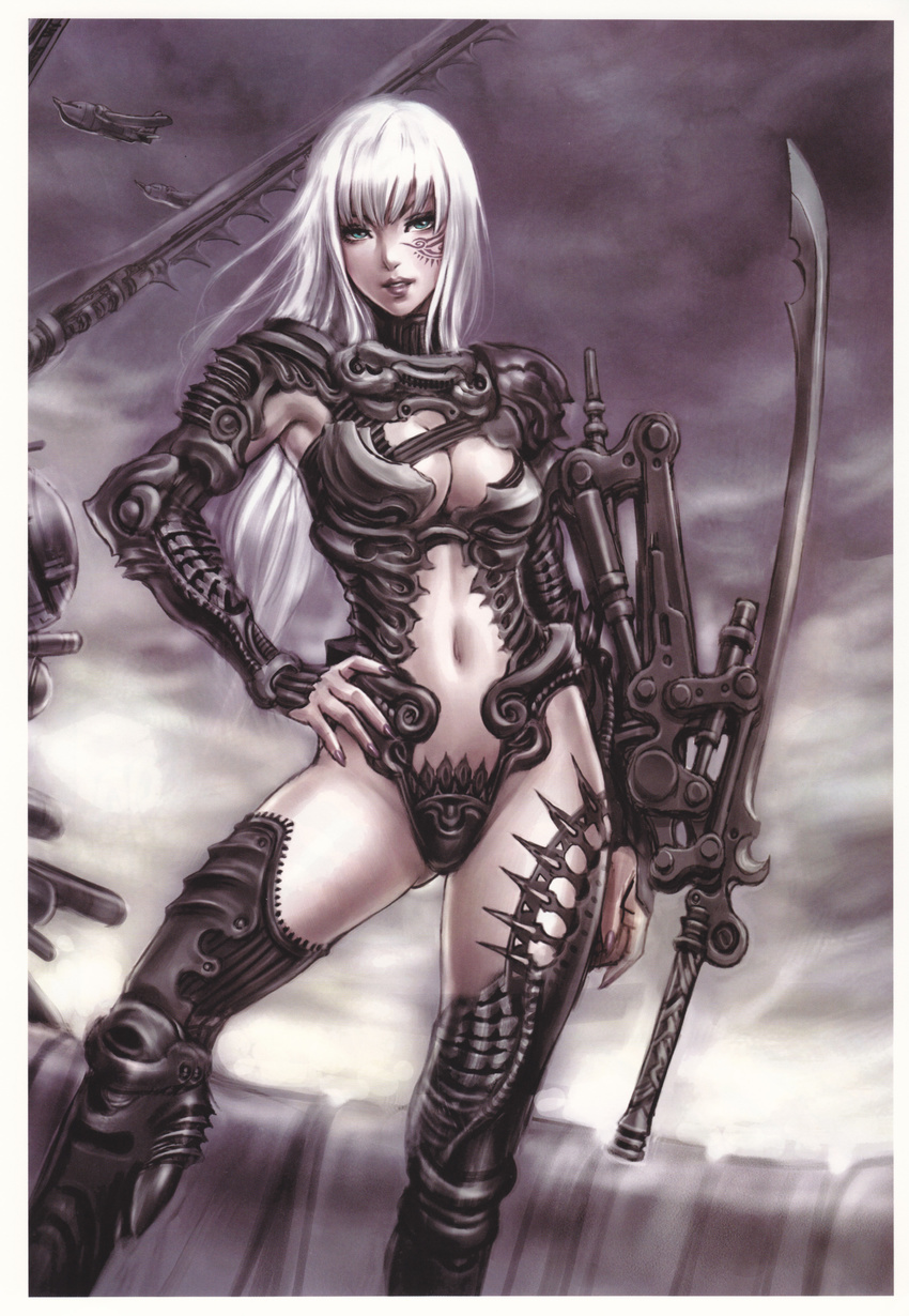 absurdres aircraft airplane aqua_eyes armor breasts cleavage copyright_request facepaint hand_on_hip highres large_breasts lips lipstick long_hair makeup midriff navel paint solo sword thighhighs weapon white_hair yamashita_shun'ya