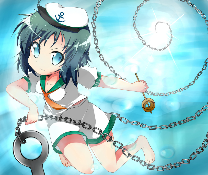 anchor barefoot black_hair blue_eyes hat highres hishaku mizohana_(orb-01) murasa_minamitsu sailor sailor_collar sailor_hat short_hair solo touhou