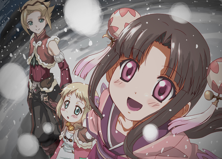 2girls :d :o bad_id bad_pixiv_id black_hair blonde_hair brown_hair family green_eyes highres lala_(rune_factory) mice_(rune_factory) multiple_girls open_mouth purple_eyes rune_factory rune_factory_3 sakuya_(rune_factory) sidelocks smile snow snowing tarou99gou