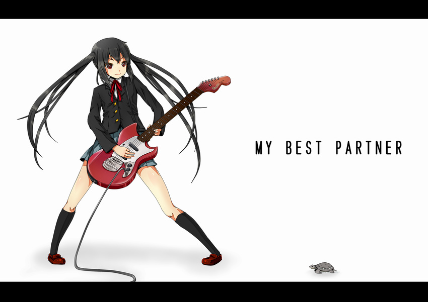 black_hair brown_eyes guitar highres instrument k-on! legs long_hair nakano_azusa oneove school_uniform solo ton-chan turtle twintails