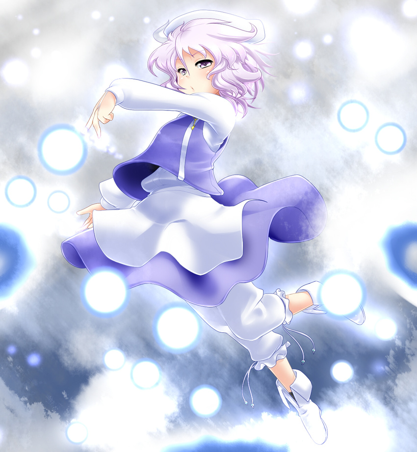 danmaku full_body hat highres letty_whiterock long_sleeves miki_purasu purple_eyes purple_hair short_hair solo touhou