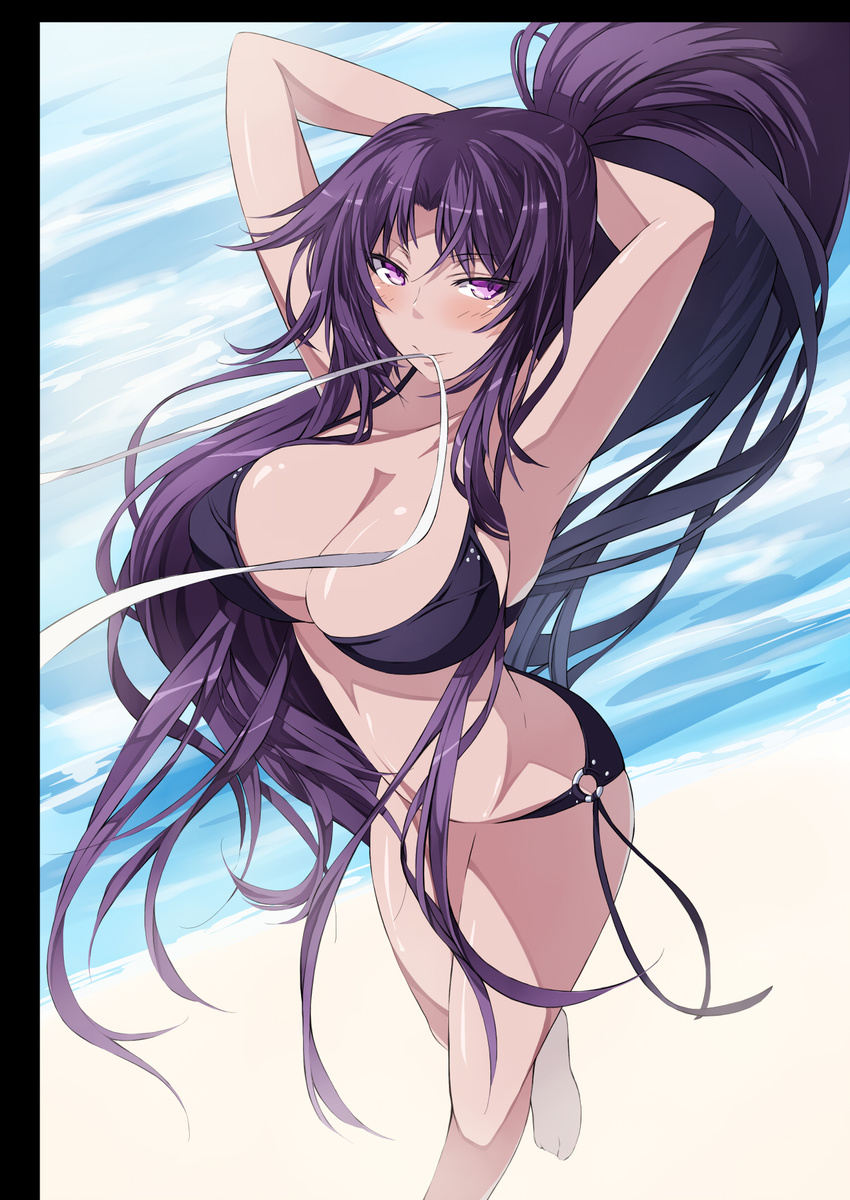 adjusting_hair arms_up bikini blush breasts cleavage decchi_oyabun highres large_breasts long_hair md5_mismatch mouth_hold o-ring o-ring_bottom original ponytail purple_eyes purple_hair solo swimsuit