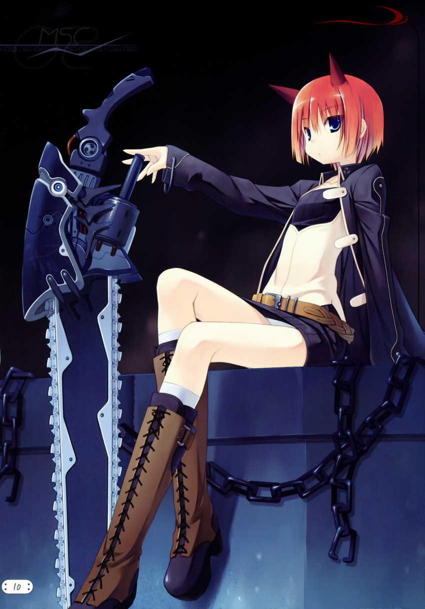 blue_eyes boots chain chainsaw flat_chest highres horns long_sleeves original poco_(asahi_age) red_hair short_hair sitting skirt solo