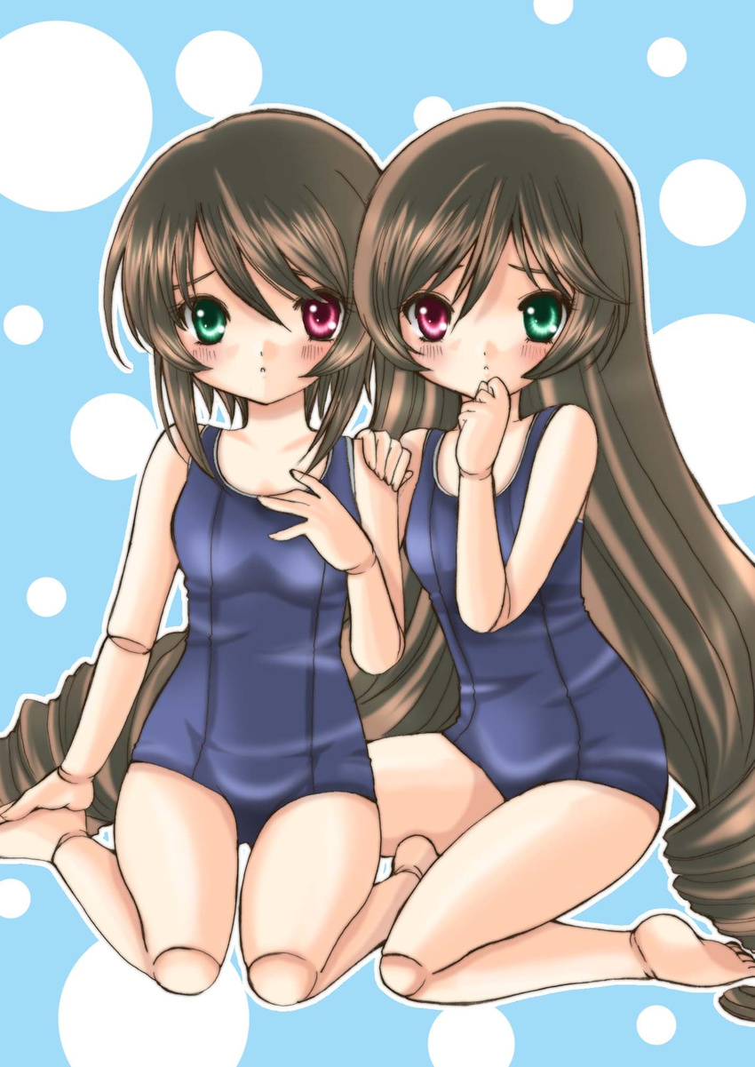 brown_hair doll_joints green_eyes heterochromia highres long_hair meru_(ren-meru) multiple_girls one-piece_swimsuit red_eyes rozen_maiden school_swimsuit short_hair siblings sisters souseiseki suiseiseki swimsuit twins