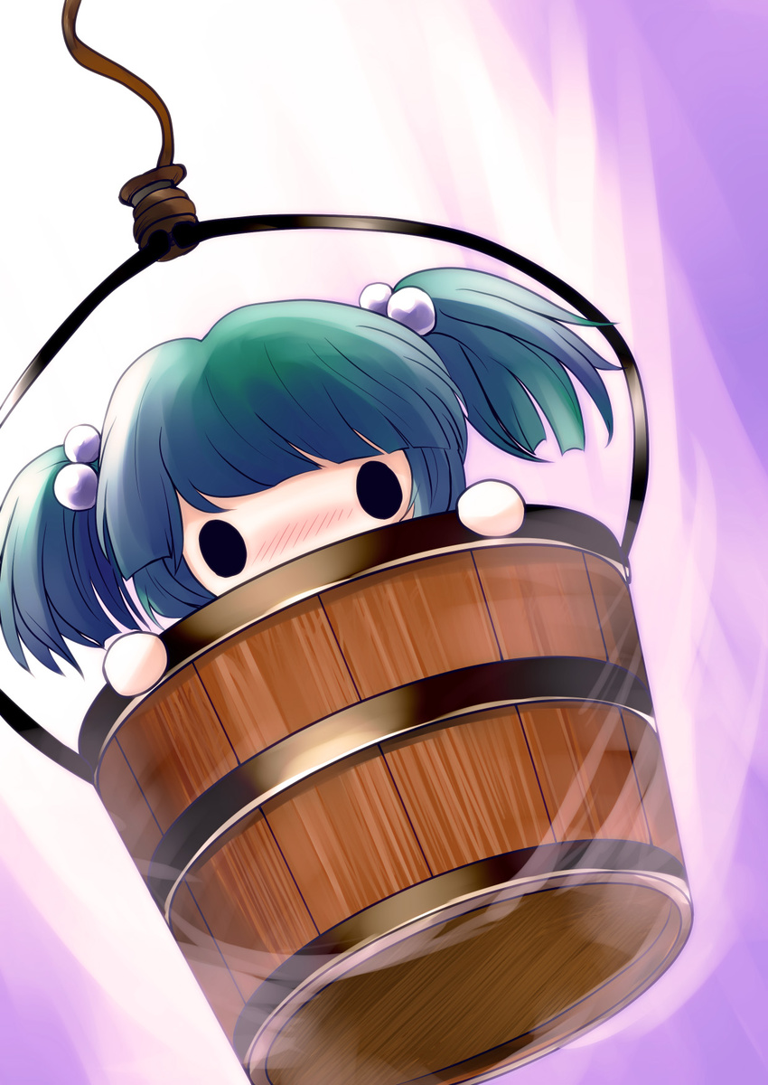 blush bucket chibi green_hair hair_bobbles hair_ornament highres in_bucket in_container kisume solo touhou wooden_bucket yume_shokunin