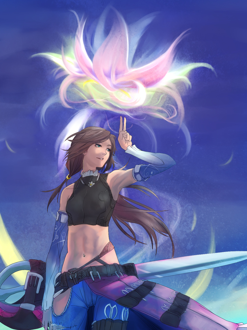 armpits bad_id bad_pixiv_id bare_shoulders belt brown_hair day denim flower green_eyes hako_(mypixid) highres jeans jewelry long_hair midriff navel necklace original pants ponytail scissors sky solo sword v weapon