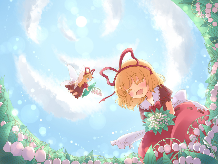 blonde_hair blue_eyes closed_eyes fisheye flower hair_ribbon happy highres lily_of_the_valley medicine_melancholy mito_tsubaki open_mouth ribbon short_hair solo su-san touhou