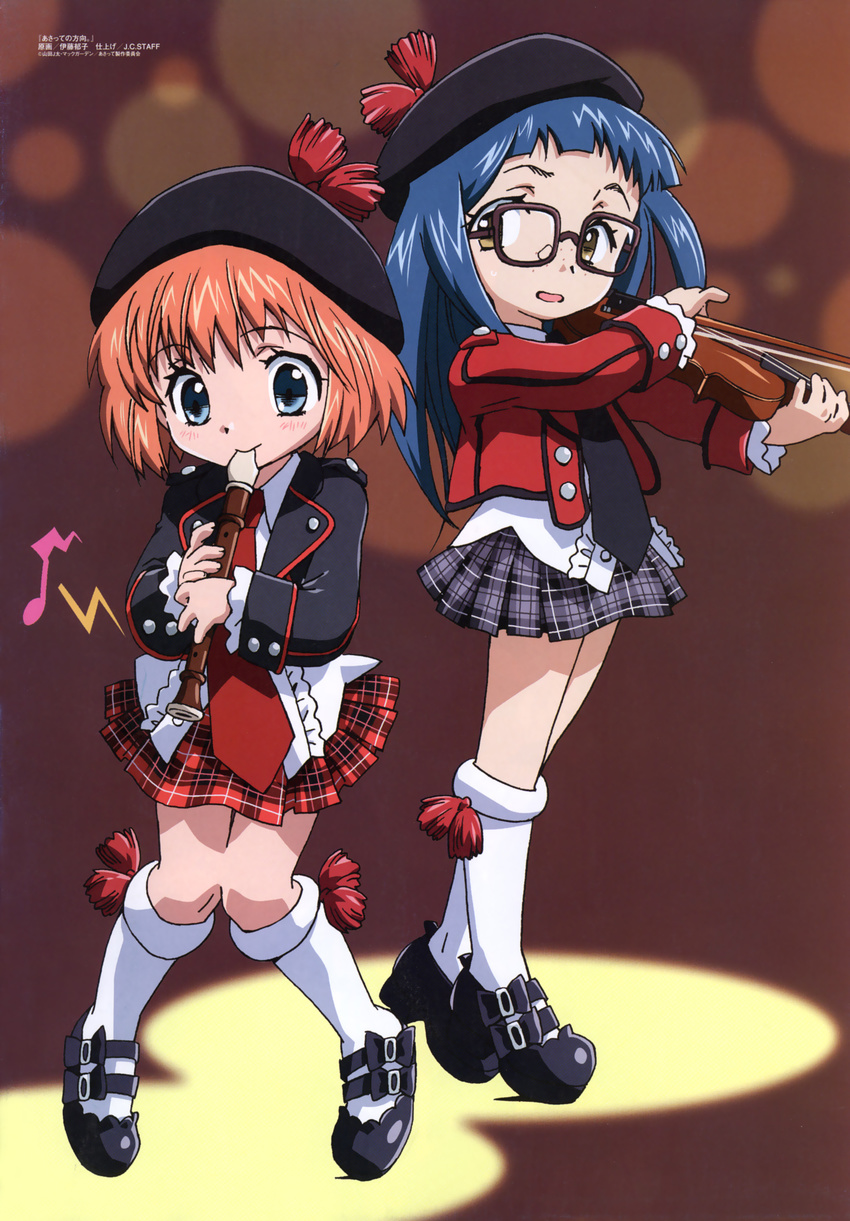 asatte_no_houkou blue_hair eighth_note freckles glasses hat highres instrument iokawa_karada itou_ikuko kneehighs long_hair long_sleeves multiple_girls musical_note necktie nogami_shouko open_mouth plaid plaid_skirt recorder red_hair short_hair skirt socks violin