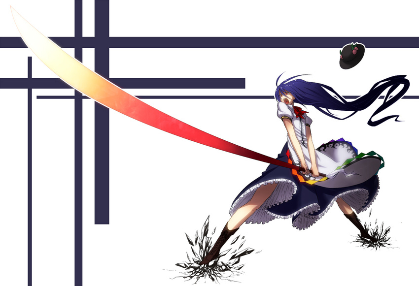 boots broken_ground crack fighting_stance foreshortening frills gathers gradient_hair hat hat_removed headwear_removed hinanawi_tenshi hiroya_juuren long_hair multicolored_hair open_mouth purple_hair red_eyes solo sunrise_stance sword sword_of_hisou touhou very_long_hair weapon