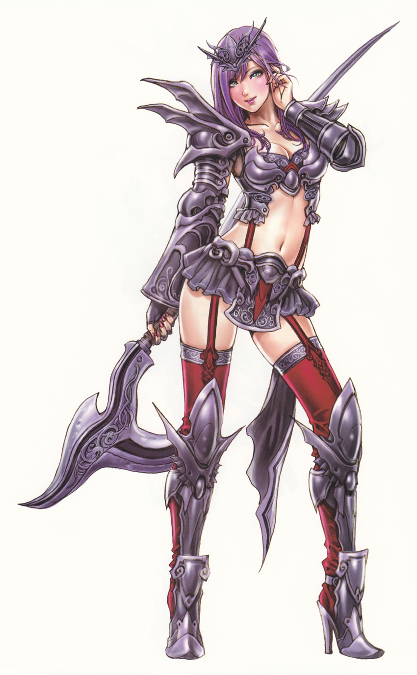 absurdres aqua_eyes armor blush boots breasts cleavage copyright_request fingernails garters gloves green_eyes hair_ornament high_heels highres large_breasts lips lipstick long_hair makeup midriff nail_polish navel pink_nails purple_hair shoes skirt solo thigh_boots thighhighs tiara weapon yamashita_shun'ya