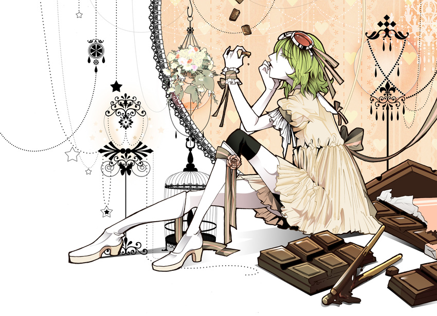 bad_id bad_pixiv_id birdcage boots bridget00747 cage chocolate closed_eyes dress eating flower food goggles goggles_on_head green_hair gumi heart highres knee_boots pocky ribbon short_hair solo star sweets thighhighs vocaloid white_footwear