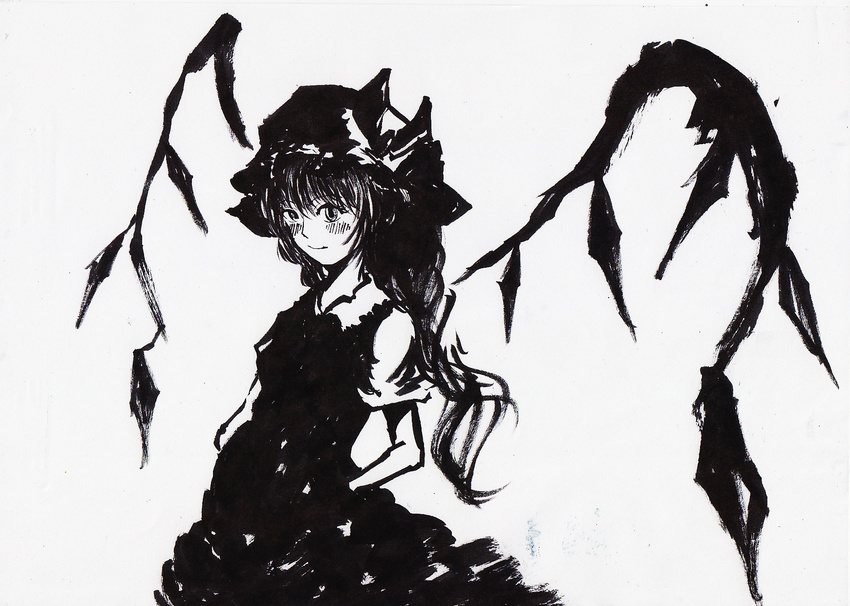 flandre_scarlet greyscale highres let monochrome solo touhou