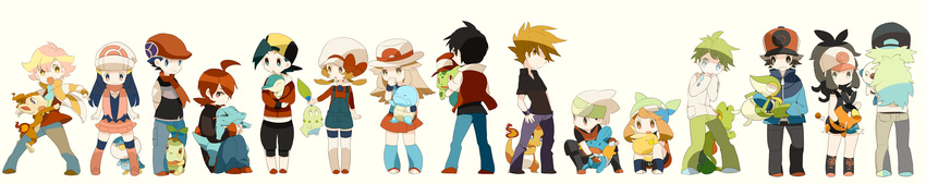 6+boys ahoge alternate_costume backwards_hat baseball_cap black_hair blonde_hair blue_(pokemon) blue_eyes blue_hair brown_eyes brown_hair brown_ribbon bulbasaur charmander chibi chikorita chimchar clothed_pokemon cosplay cyndaquil everyone gen_1_pokemon gen_2_pokemon gen_3_pokemon gen_4_pokemon gen_5_pokemon gold_(pokemon) green_hair hagiko haruka_(pokemon) hat hat_removed hat_ribbon headwear_removed highres hikari_(pokemon) holding hug jun_(pokemon) kotone_(pokemon) kouki_(pokemon) long_hair long_image mitsuru_(pokemon) mudkip multiple_boys multiple_girls n_(pokemon) odamaki_sapphire ookido_green oshawott piplup pokemon pokemon_(creature) pokemon_(game) pokemon_bw pokemon_dppt pokemon_emerald pokemon_frlg pokemon_hgss pokemon_rse ponytail red_(pokemon) red_(pokemon)_(cosplay) red_(pokemon_rgby) red_eyes red_hair red_ribbon ribbon scarf short_hair silver_(pokemon) sitting snivy squatting squirtle standing tepig thighhighs torchic totodile touko_(pokemon) touya_(pokemon) treecko turtwig wide_image winter_clothes yellow_eyes yuuki_(pokemon)